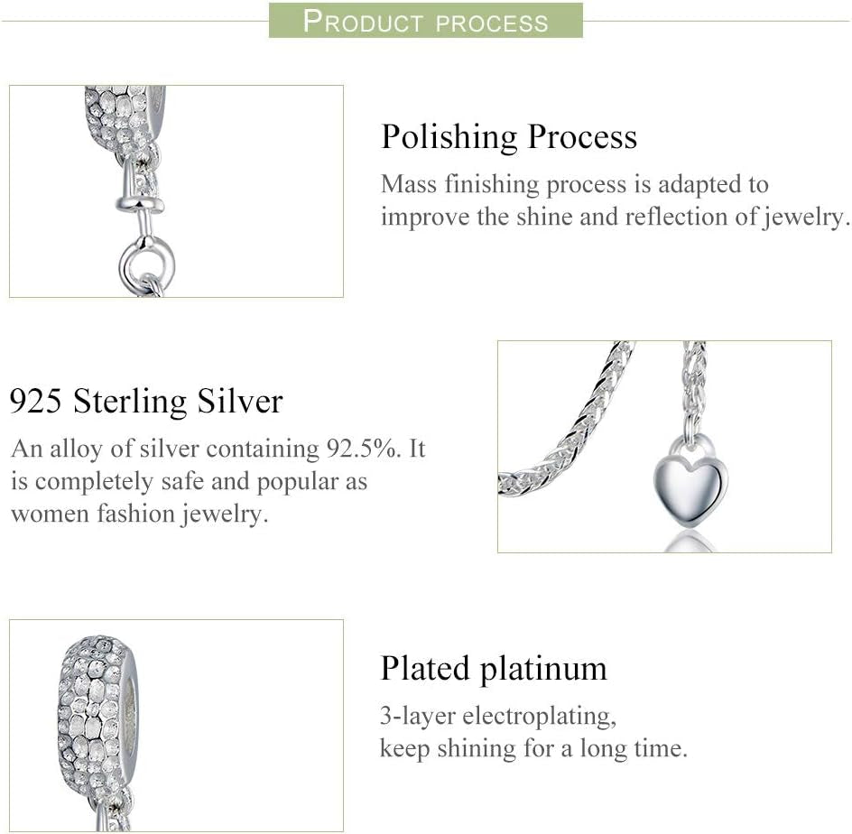 Heart Safety Chain Charm 925 Sterling Silver Beads Fit European Charms Bracelet & Necklace