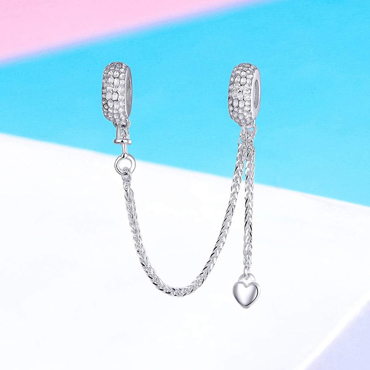 Heart Safety Chain Charm 925 Sterling Silver Beads Fit European Charms Bracelet & Necklace
