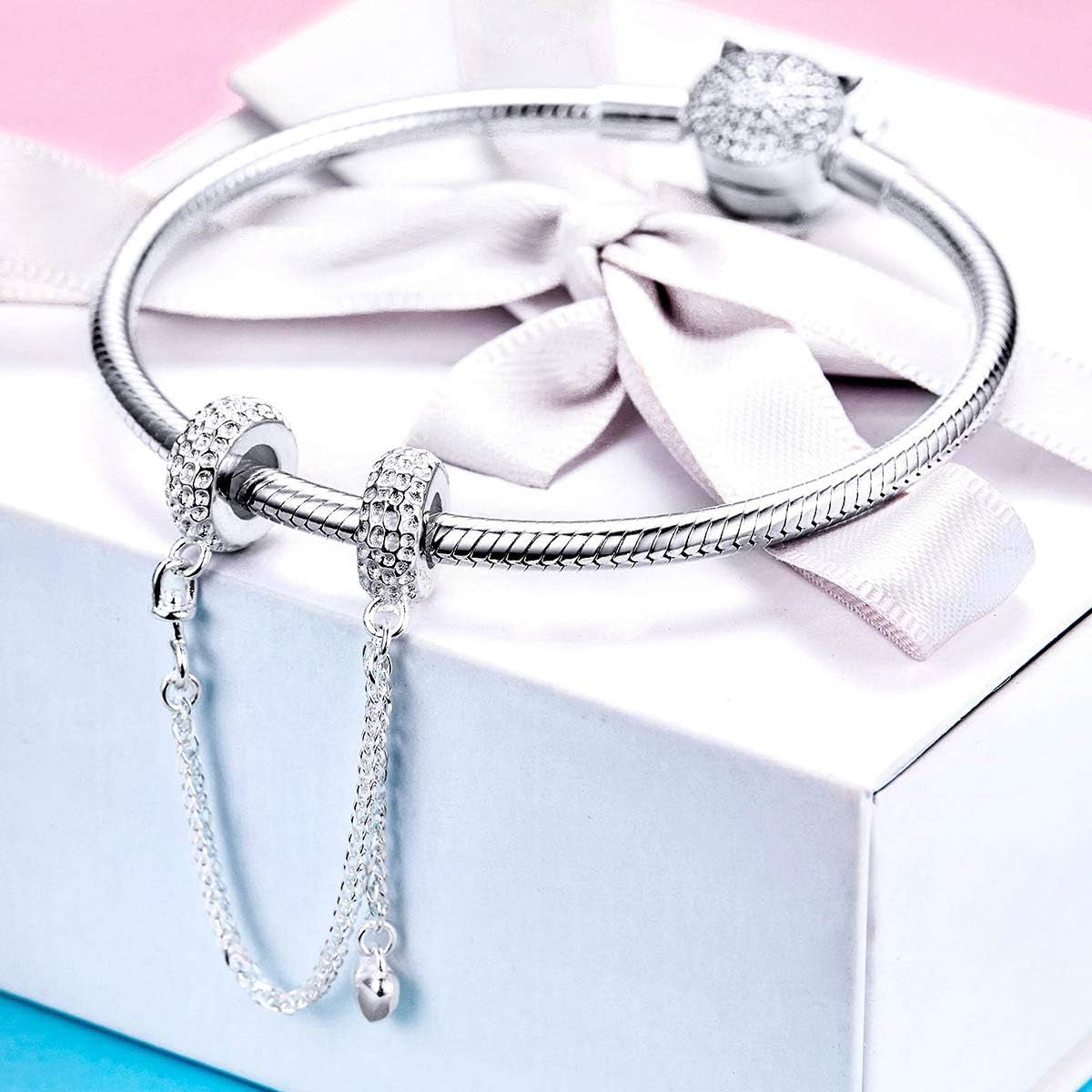 Heart Safety Chain Charm 925 Sterling Silver Beads Fit European Charms Bracelet & Necklace