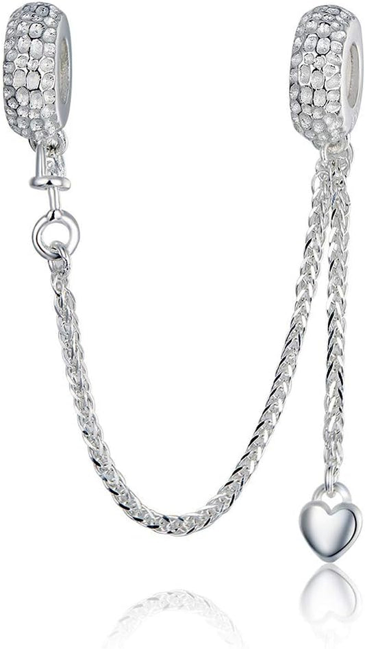 Heart Safety Chain Charm 925 Sterling Silver Beads Fit European Charms Bracelet & Necklace