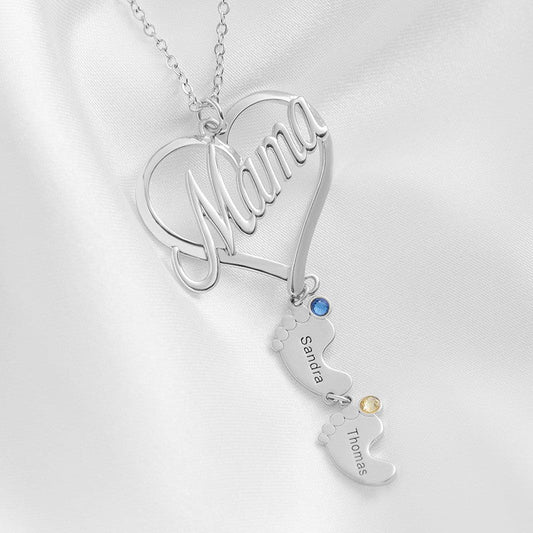 Mother'S Day Gift Mama Heart Pendant with Birthstone Baby Feet Necklace